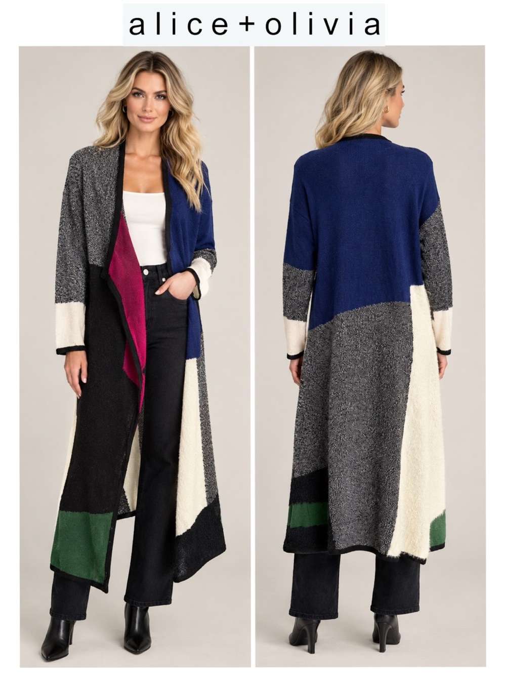 Alice + Olivia Colorblock Patchwork ColorBlock Knit Duster Cardigan Open Front S
